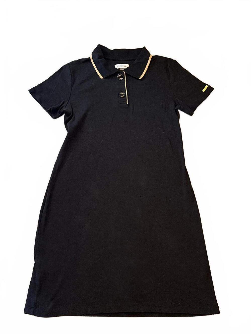 Calvin Klein Womens Black Cotton Polo Dress Gold Trim Metallic Tipping Size S